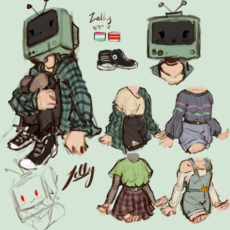 Various drawings of ellyjobell’s OC, Zelly. She has pale skin, a soft green TV head, and is depicted with multiple outfits. These outfits include: 1) a creamy white top with dark brown jeans and green flannel hanging off one shoulder, 2) a dark gray sweater with one pink and one green stripe and jean shorts, 3) a baggy green top with a brown plaid skirt, a belt, and a sheer form-hugging undershirt, and 4) desaturated green overalls with an off-the-shoulders long sleeved off-white shirt. Tv Head Character Art, Tv Head Drawing Reference, How To Draw A Flannel, Gamer Oc Art, Overalls Oc Drawing, Flannel Art Reference, Tv Head Oc Male, Tv Heads Art, Computer Head Art