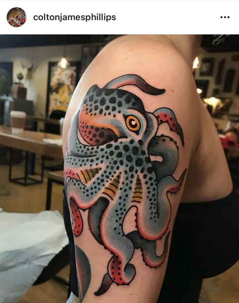 Unique Neo Traditional Tattoo, Old School Tattoo Octopus, Neo Trad Octopus, Octopus Tattoos Color, Trad Octopus Tattoo, Jelly Fish Tattoo Traditional, Traditional Ocean Tattoo Sleeve, Neo Traditional Octopus Tattoo, Colorful Octopus Tattoo