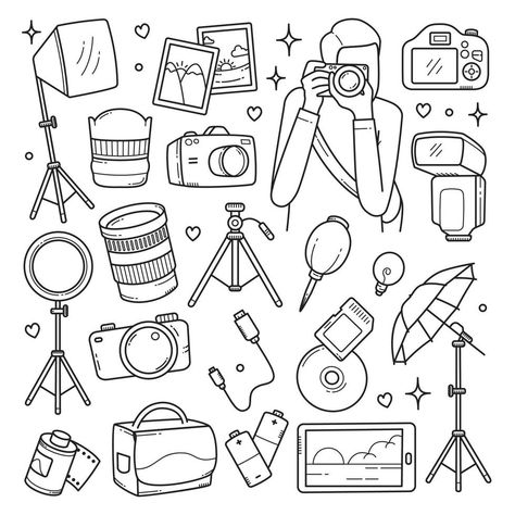 Photography Related Tattoos, Photography Doodle Art, Ipod Doodle, Photography Drawing Camera, Photography Journal Ideas, How To Draw A Camera, Photography Illustration Camera, Camera Doodle Art, Doodles Photography