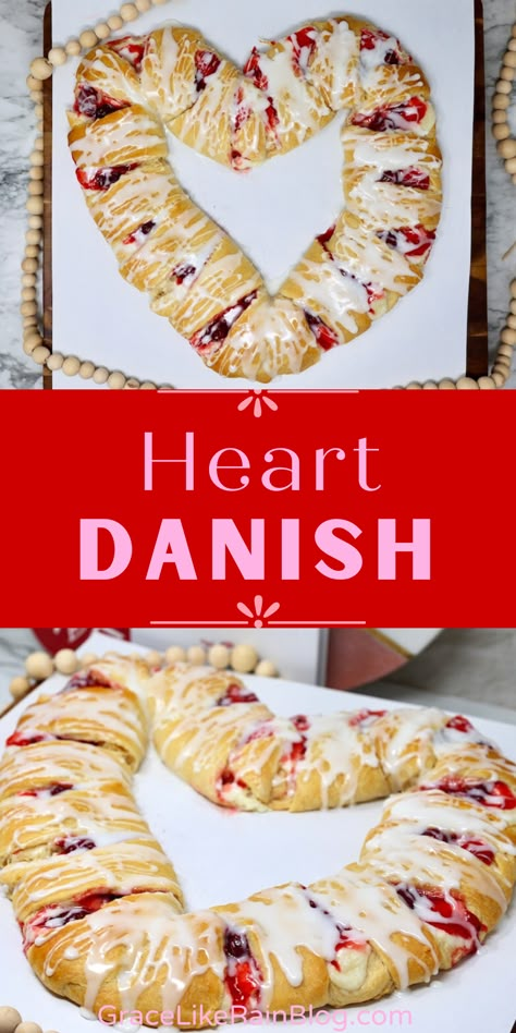 Heart Cinnamon Rolls, Crescent Roll Danish, Cherry Dessert Recipes, Heart Danish, Cute Breakfast Ideas, Crescent Roll Dessert, Crescent Breakfast, Easy Crescent Rolls, Cherry Recipes Dessert