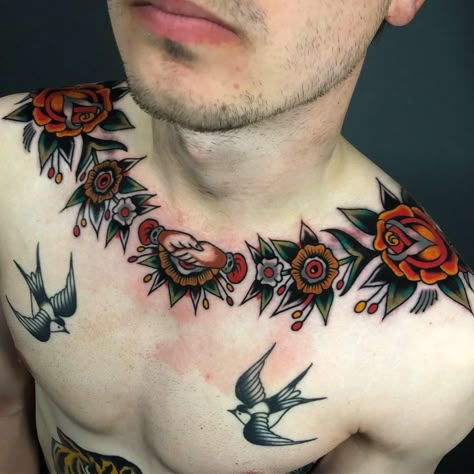 Traditional Clavicle Tattoo, American Tradition Chest Tattoo, Traditional Tattoos Chest Piece, American Traditional Collar Tattoo, American Traditional Tattoos Collar Bone, Collar Neck Tattoo, Collarbone Tattoo American Traditional, Traditional Tattoo Collar Bone, Traditional Chest Tattoo Men Ideas