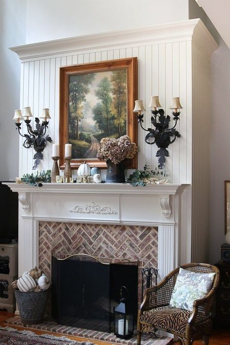 You can cover a brick fireplace with wood and fireplace mantel. Cover A Brick Fireplace, French Country Fireplace, Farmhouse Fireplace Mantels, Country Fireplace, French Country Rug, Modern French Country, Country Dining Rooms, French Country Bedrooms, French Country Kitchens