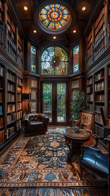 The library is a library with a stained glass window and a stone floor | Premium AI-generated image Library Stained Glass Windows, Stained Glass Library, Old Library Room, Fancy Library, Library Windows, Library Exterior, Library Tattoo, Home Library Study, Glass Library