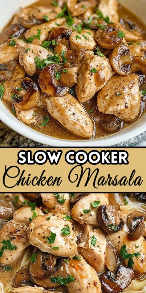 🍷🍗 Rich, flavorful Slow Cooker Chicken Marsala that brings Italian elegance to your table! This easy slow cooker recipe is filled with juicy chicken, mushrooms, and a savory Marsala wine sauce. Perfect for a cozy dinner at home! 🤌 👉 Ready to try it? Save for later! #ChickenMarsala #SlowCookerDinners #ItalianRecipes #ComfortFood #DinnerInspo #FoodieFaves Crock Pot Chicken Marsala Slow Cooker, Giada De Laurentiis Chicken Marsala, Slow Cooker Italian Chicken Recipes, Chicken Marsala For A Large Crowd, Chicken Wine Mushroom Recipes, Chicken Thigh Recipe Crockpot, Make Ahead Chicken Marsala For A Crowd, Slow Cooker Chicken Dinner Recipes, Slow Cooker Chicken Marsala Crockpot