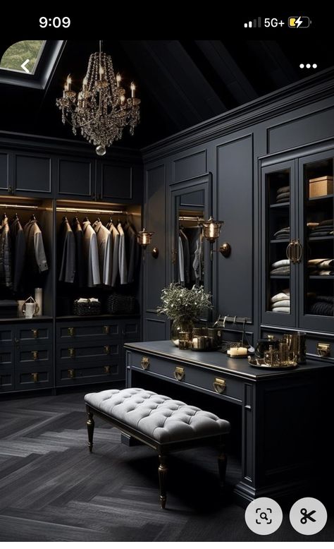 Moody Spaces, Royal Bedroom Design, Luxury Closets, Closets Design, Black Closet, Dream Closet Design, Walk In Closet Design, Luxury Closets Design, Closet Decor