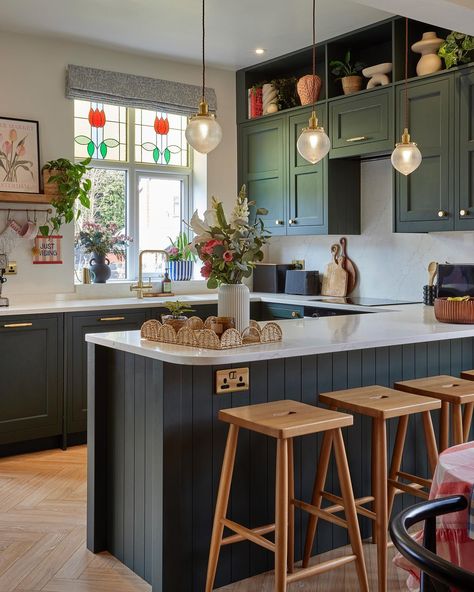 The lovely @mysmilekitchen came over recently to take professional photos of our kitchen, and here are some of my favourites! Swipe to see the before photos too, as I always think they provide impact 😅 I still get some people (mainly on the other app) tell me I should have kept the colourful tiles 😳 We renovated everything in this room ourselves, taking it back to brick, re-building the walls and installing the kitchen and the flooring ourselves too. Here are all the details: 💚 Cabinets :... Oak Herringbone Floor, Colourful Tiles, Colourful Tile, Professional Photos, Little Greene, Main Bedroom, Diy Hacks, Professional Photo, Some People