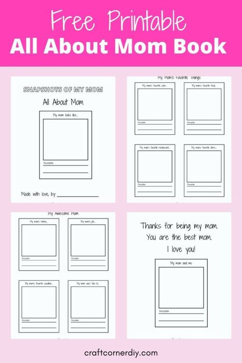 Show mom how much you love her with this free printable All About mom book. Makes a perfect gift for mom on Mother's Day. #freeprintable #MothersDay All About Mom Free Printable, Mothers Day Book, Diy Binder, Easy Mother's Day Crafts, Homemade Books, Free Printable Crafts, All About Mom, Mother's Day Activities, Mom Printable