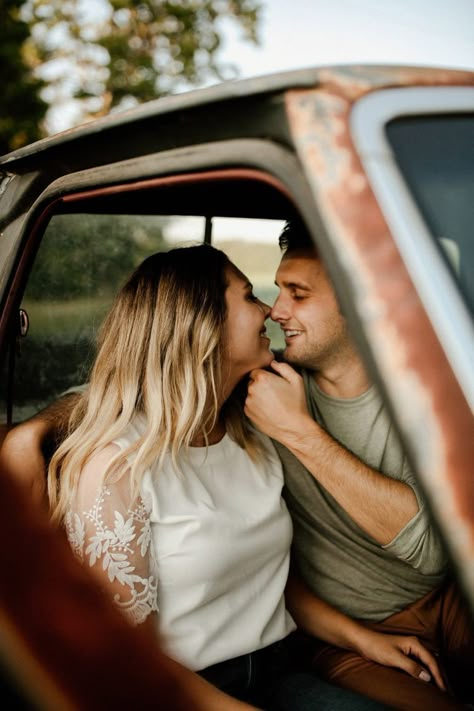 Couple In Car Photography, Couple With Truck Photoshoot, Couples Photo Shoot With Truck, Engagement Pictures With Truck, Farm Photoshoot Ideas Couple, Engagement Photos Truck, Couple Farm Photoshoot, Country Couple Pictures Truck, Truck Couple Pictures