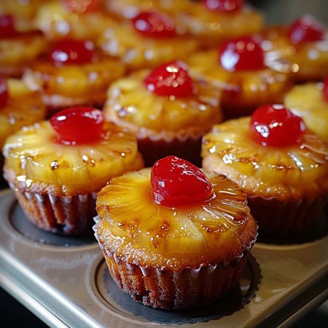 Mini Pineapple Upside-Down/ Cupcakes Mini Pineapple Upside Down Cupcakes, Mini Pineapple Upside Down, Pineapple Upside Cupcakes, Pineapple Upside Down Cupcakes With Cake Mix Recipe, Desserts For Fish Fry, Small Batch Pineapple Upside Down Cake, Mini Pineapple Upside Down Cakes Easy, Mini Upside Down Pineapple Cake, Pineapple Upside Down Cupcake Recipe