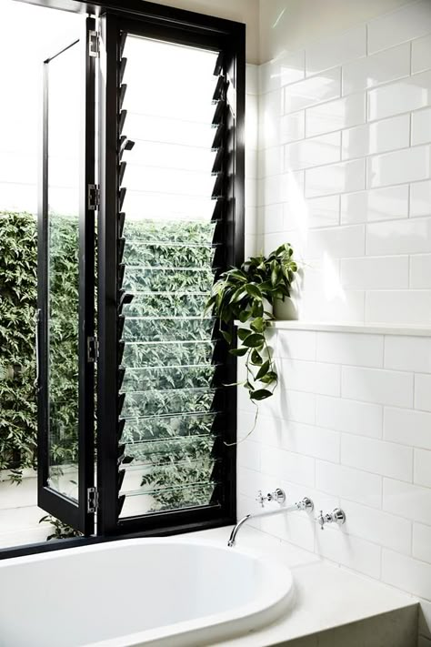 Bathroom With Louvres, Louvers Windows Ideas, Window Opening Ideas, Bathroom Garden Window, Bathroom Windows Ideas, Louvres Window, Bathroom Louvre Window, Bathroom Window Louvers, Louver Windows Modern