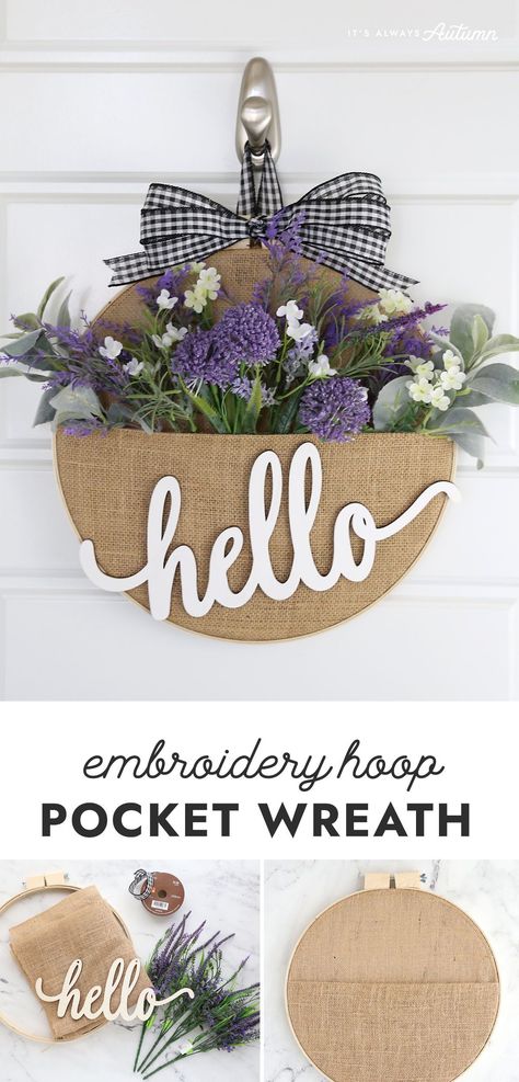 Spring Embroidery Hoop Wreath, Friend Craft Night Ideas, Easy Vendor Crafts, No Sew Crafts For Adults, Embroidery Hoop Pocket Wreath, Craft With Embroidery Hoop, Diy All Season Wreath, Diy Wreath Burlap, Group Diy Crafts