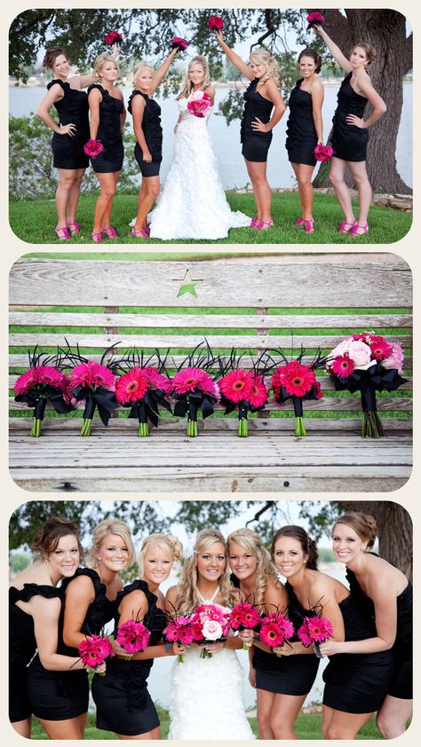 Love the dresses and the bouqets Black Bridesmaid Dresses, Foto Poses, Cute Wedding Ideas, Wedding Wishes, Wedding Poses, Wedding Pics, Black Wedding, Pink Wedding, Wedding Bells