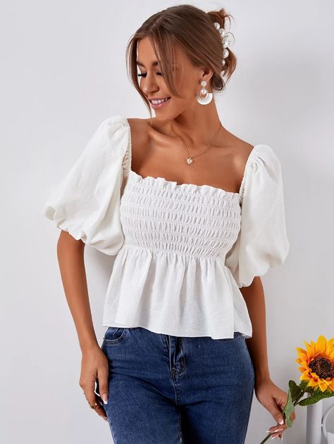 Puff Sleeve Blouses, Peplum Top Outfits, Puff Sleeve Blouse, Short Sleeve Cropped Top, Shein Style, Women T Shirt, Work Outfit, Peplum Top, Fashion News