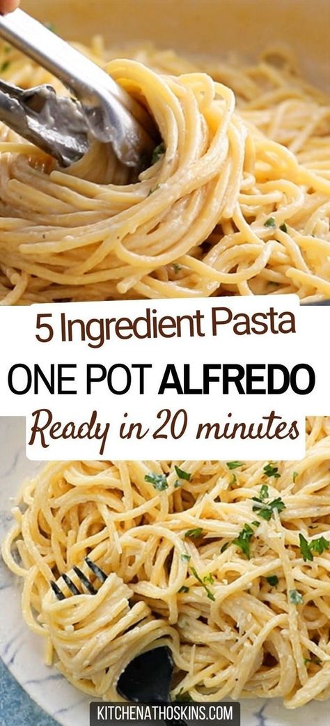 Learn how to make easy one pot alfredo pasta recipe that is made with milk for a for a lighter dish and it makes an easy 20 minute dinner idea. Add cooked chicken or shrimp to add some protein and make it a complete 5 ingredient meal for kids or the family during busy weeknights. Get the one pot pasta with alfredo sauce at kitchenathoskins.com. One Pot Alfredo Pasta, One Pot Alfredo, Summer Dishes Recipes, Easy Alfredo Recipe, Pasta Recipes For One, Alfredo Noodles, Alfredo Pasta Bake, Easy Pasta Dinner Recipes, Pasta With Alfredo Sauce