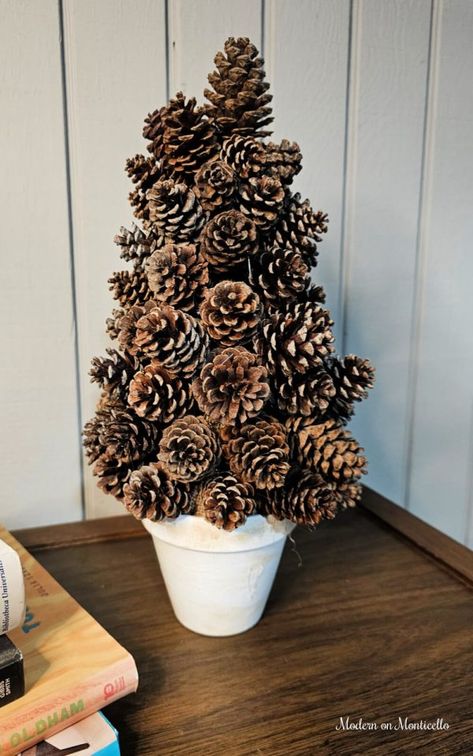 Easy To Make DIY Pine Cone Christmas Trees and Topiaries - Modern on Monticello Diy Pinecone Christmas Tree, Diy Pine Tree, Giant Pine Cones, Large Pine Cones, Snow Decorations, Small Pine Cones, Pine Cone Christmas, Pine Cone Christmas Tree, Rag Garland