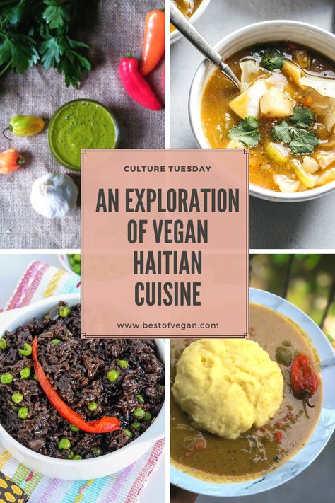 Learn the history of vegan Haitian cuisine and its signature dishes with this week's Culture Tuesday! Read the full article here. #bestofvegan#haitiancuisine#haitianfood#veganhaitianfood#veganhaitianncuisine Haitian Cuisine, Haitian Food, Haitian Food Recipes, Vegan Cafe, Vegan Sausage, Vegan Meal Plans, Health Books, Signature Dishes, Caribbean Recipes