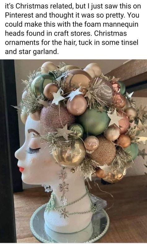 Repurpose + Upcycle = Inspiration | Not my photo but I have a few of these Styrofoam heads from the $ store and now know what to do with them 🥰 | Facebook Christmas Mannequin Head, Styrofoam Heads, Mannequin Decor, Upcycle Inspiration, Styrofoam Head, Foam Head, Star Garland, Diy Christmas Decorations Easy, Mannequin Head