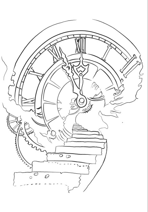 Clock And Stairs Tattoo Design, Clock Outline Tattoo, Hour Glass Drawing Easy, Clock Drawing Sketches, Clock Design Drawing, Clock Tower Drawing, Clock Tattoo Stencil, Steampunk Sketch, Animal Stencil Art