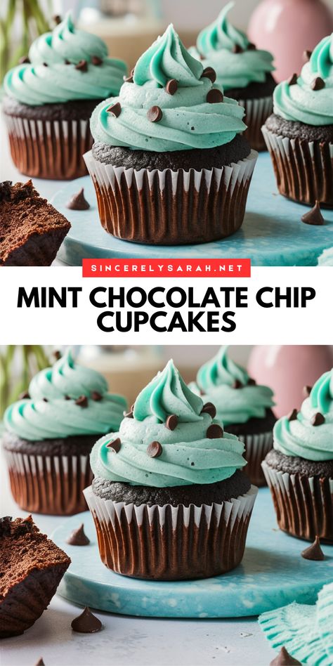 Discover "Mint Chocolate Chip Cupcakes" 🍫🧁, a refreshing twist on classic chocolate cupcakes. These cupcakes feature a rich chocolate base with mint buttercream and chocolate chips on top. Perfect for gatherings or a fun baking project, they're a delicious treat everyone will love! Chocolate Chip Cupcakes Recipe, Mint Chocolate Chip Cupcakes, Mint Buttercream, Mint Chocolate Cupcakes, Cocktail Cupcakes, Mint And Chocolate, Mint Frosting, Chocolate Chip Cupcakes, Easy To Bake