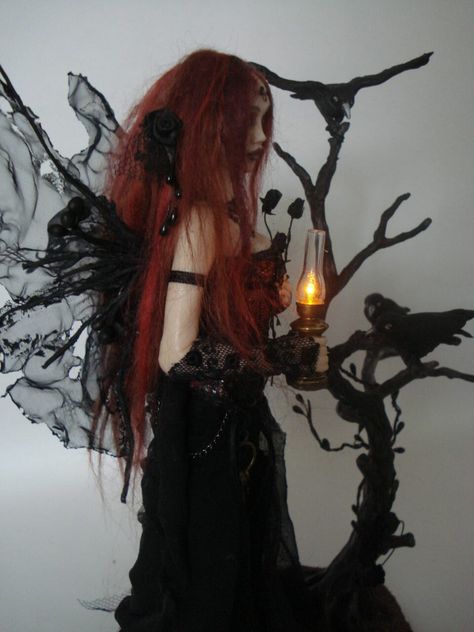 Shadow Raven, Goth Lamp, Fantasy Polymer Clay, Vampire Fairy, Fairy Sculpture, Witch Fairy, Witch Vampire, Wire Armature, Polymer Clay Fairy