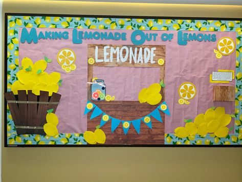 June Bulletin Board Ideas Preschool, Lemon Theme Classroom, June Bulletin Board Ideas, Popsicle Bulletin Board Ideas, Lemon Bulletin Board, Fruit Bulletin Board, Lemonade Stand Bulletin Board, Lemon Bulletin Board Ideas, Lemonade Bulletin Board