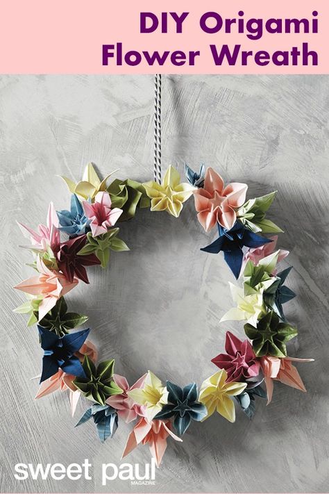 Diy Origami Decor, Diy Origami Home, Origami Wreath, Origami Decor, Origami Home Decor, Origami Lily, Sweet Paul Magazine, Hantverk Diy, Origami Decoration