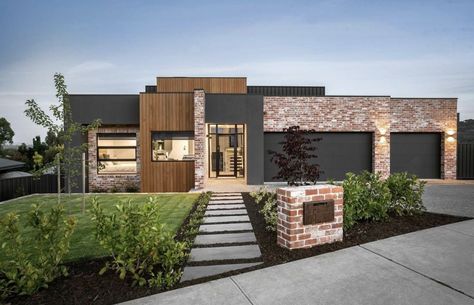 Mid Century Modern Brick Exterior, Contempory House Exterior, Modern Red Brick House, Modern Brick House Exterior, Facade Landscaping, House Exterior Cladding, Feature Tree, Red Brick House Exterior, Modern Brick House