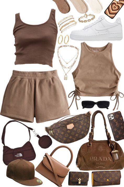 Brown Aesthetic Outfit Ideas, Brown Comfy Outfit, Tan Clothes Aesthetic, Brown Aesthetic Outfit Summer, Brown Neutrals Outfit, Brown Sweatshorts Outfit, Soft Brown Clothes Aesthetic, Cinnamon Aesthetic Outfit, Brown Outfit Layout