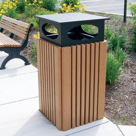 Trash Can Design, Outdoor Garbage Storage, Outdoor Trash Bin, Urban Spaces Design, Rain Cap, Litter Bin, Outdoor Benches, Furniture Dolly, Picnic Tables