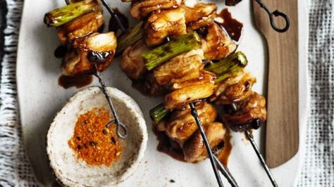 Barbecue yakitori chicken Yakitori Chicken Recipe, Chicken Yakitori Recipe, Japanese Yakitori, Yakitori Recipe, Yakitori Skewers, Yakitori Chicken, Shichimi Togarashi, Neil Perry, Chicken On A Stick