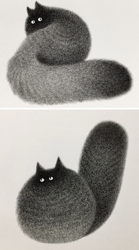 Fluffy Black Cats, Kamwei Fong, Fluffy Black Cat, Cats Black, Couple Drawing, Creation Art, Cat Art Illustration, 강아지 그림, Ink Drawings