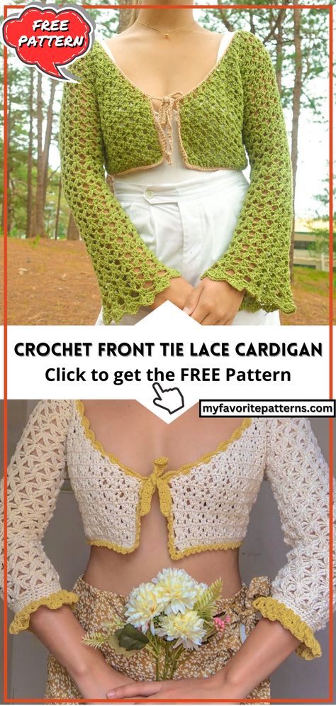 Crochet Front Tie Lace Cardigan Lace Cardigan Crochet Pattern Free, Granny Square Crochet Pattern Top, Tie Front Crochet Cardigan Pattern, Cottage Core Granny Square, Crochet Tie Cardigan Pattern, Crochet Fairy Accessories, Crochet Fairy Tops Free Patterns, Crochet Tie Front Cardigan Pattern Free, Crochet Spring Cardigan Pattern Free