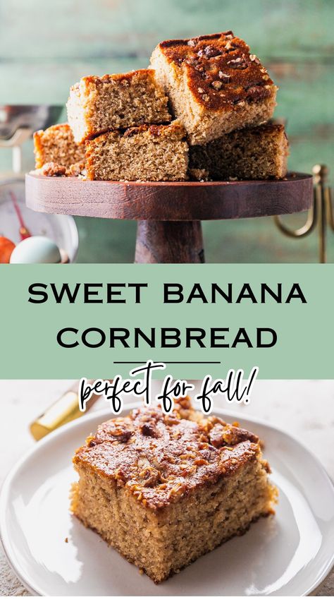 Elevate your baking game with our Banana Cornbread recipe, adorned with pecans. Moist, tender, and utterly delicious – it’s a culinary masterpiece. Get the recipe now! Baking With Cornmeal, Cornbread Dessert Recipes, Cornbread Side Dish, Banana Cornbread, Cornbread Dessert, Thanksgiving Foods, Buttered Vegetables, Sweet Cornbread, Cornbread Recipe