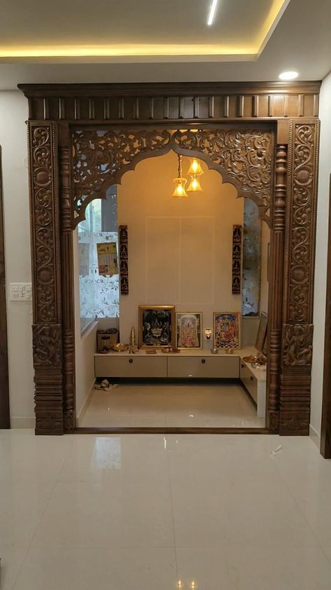 Home Temple Ideas Puja Room, Mandir Ideas, Wallpaper Design Ideas, Pooja Room Ideas, Wallpaper Decor Ideas, Pooja Door Design, House Main Door Design, Indian Room Decor, India Home Decor