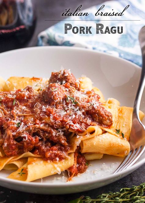 Italian Braised Pork Shoulder Ragu - Just a Little Bit of Bacon Thyme Sauce, Mushroom Garlic, Braised Pork Shoulder, Pork Ragu, Bacon Mushroom, Pesto Shrimp, Shrimp Fettuccine, Pork Shoulder Recipes, Ragu Recipe