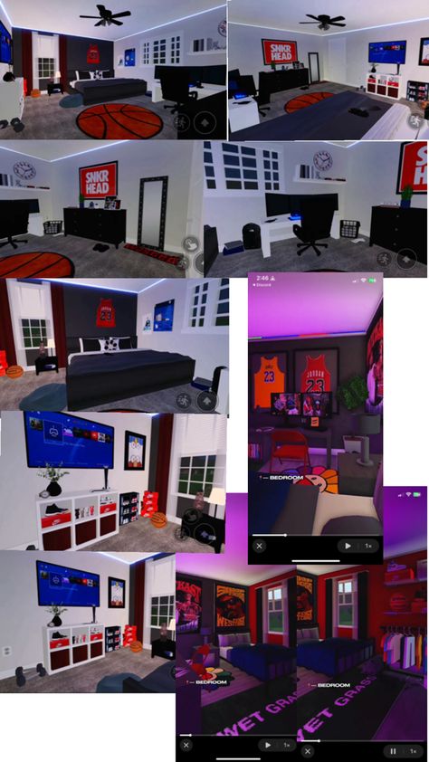 Bloxburg Teen Room Ideas Boy, Boy Bloxburg Room, Bloxburg Gaming Room Ideas, Roblox Room Ideas Bloxburg, Bloxburg Boy Room Ideas, Bloxburg Inspiration, Codes Wallpaper, Bloxburg Rooms