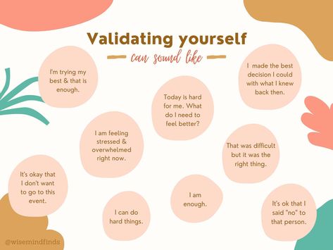 Validation Statement, Validating Yourself, Self Validation Affirmations, Validating Statements, Self Validation, Therapy Thoughts, Therapy Poster, Behavior Therapy, Healing Journaling