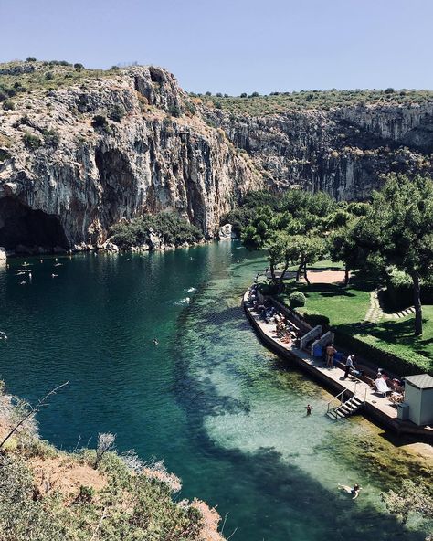 Vouliagmeni Lake near Athens Lake Vouliagmeni, Study Abroad Europe, Neoclassical House, Attica Greece, Thermal Spring, Greek Gods, Dream Destinations, Study Abroad, Places Around The World