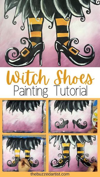 Cute Witch Art Easy, Fall Diy Canvas Painting Easy, Diy Acrylic Canvas Painting, Halloween Diy Canvas Painting, Tole Painting Tutorials, Fall Painting Tutorial Step By Step, Fall Watercolor Ideas For Beginners, Step By Step Painting Halloween, Halloween Paint Party Ideas