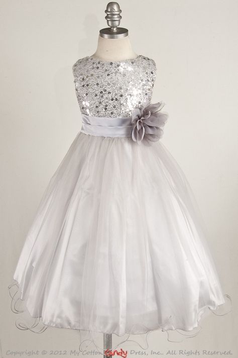 silver glittery flower girl dresses | Silver Flower Girl Dress | Future Mrs. JDub! Christmas Wedding Flower Girl, Beach Glam Wedding, Ring Bearer Dress, Silver Flower Girl Dress, Christmas Wedding Flowers, Flower Girl Dress Ideas, Bumble Bee Party, Florida Wedding Ideas, Dresses Silver