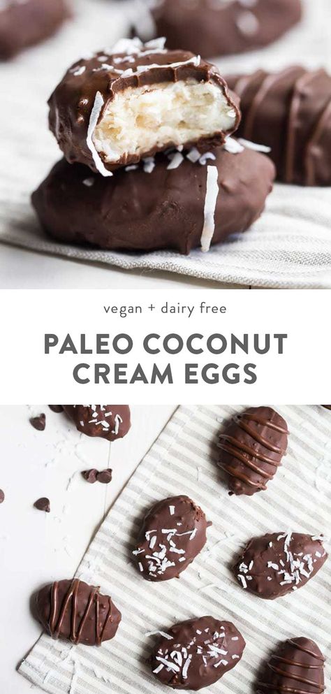 These paleo coconut cream eggs are the perfect paleo Easter treats. Rich and sweet, these vegan Easter eggs are made with only healthy ingredients. Easter is definitely better with paleo coconut cream eggs, right? You'll love these paleo Easter treats because they're simple but delicious! #paleo #easter Coconut Cream Eggs, Paleo Easter, Healthy Easter Treats, Vegan Easter Recipes, Cream Eggs, Vegan Easter, Healthy Easter, Paleo Recipes Dessert, Paleo Baking