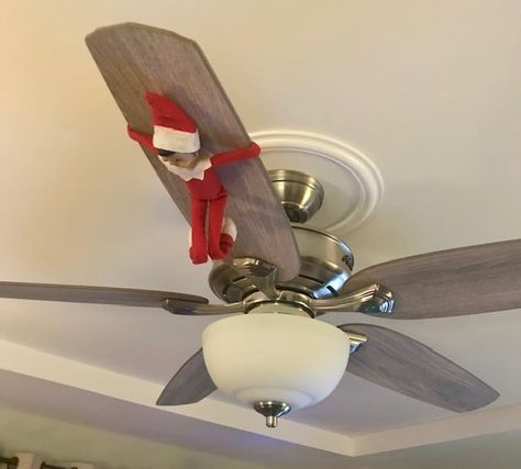 Here's a quick and easy idea. Your elf can use his bendable arms to ride the ceiling fan. Kids get a kick out of this one! Click to read more great ideas for your elf. Elf On The Shelf Ideas Hanging From Fan, Elf On Ceiling Fan, Elf Swinging From Ceiling Fan, Elf On The Shelf Ceiling Fan Ideas, Elf On The Shelf Hanging From Fan, Elf On The Shelf Fan Ceilings, Elf On Fan, Elf Hanging From Ceiling Fan, Elf On The Shelf Ceiling Fan