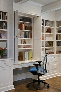 Home Office Traditional, Built In Bookshelves, Hidden Desk, Traditional Home Office, Office Built Ins, Office Photos, Cool Office Space, Kitchen Desks, Desk Area