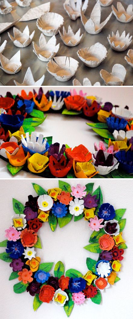 DIY: Egg Carton Wreath: so cute & perfect for Spring Egg Carton Wreath, Diy – Velikonoce, Egg Carton Flowers, Springtime Crafts, Fleurs Diy, Egg Carton Crafts, Egg Carton, Childrens Crafts, Crafty Craft