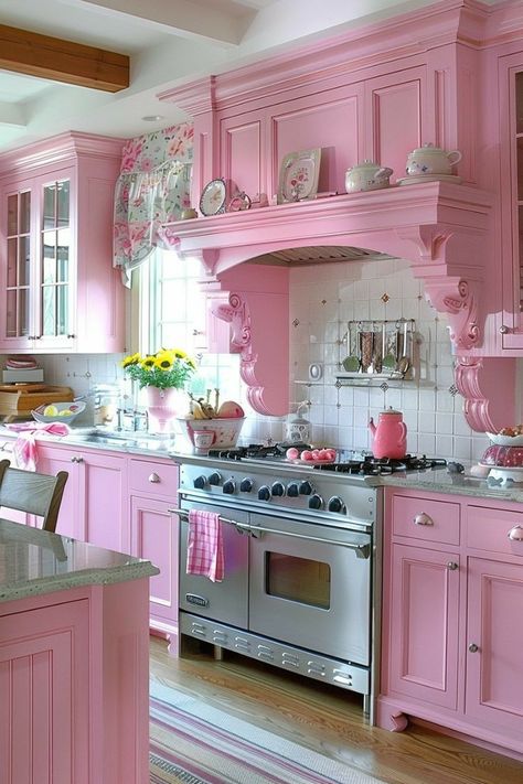 Pink Retro Kitchen, Girly Apartment Ideas, Eccentric Kitchen, Pink Kitchen Designs, Retro Pink Kitchens, Pink Kitchen Ideas, Pink Kitchens, Pink Cabinets, Kitchen Cabinet Color Ideas