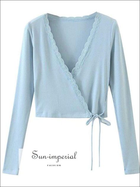 Sun-imperial Blue Wrap Long Sleeve Women Knitted top with Lace detail Tie Waist Blouse Light Blue Shirts Women, Blue Wrap Top, Blue Lace Blouse, Light Blue Blouse, Light Blue Knit, Imperial Blue, Light Blue Top, Long Sleeve Wrap Top, Lace Vintage