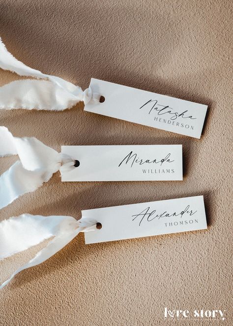 Modern, elegant, and minimalist place cards for weddings. Editable and Rustic Wedding Name Cards, Wedding Table Guest Names, Champagne Place Cards Wedding, Name Plates Wedding Place Settings, Cricut Place Cards Wedding, Wedding Table Names Cards, Diy Wedding Name Cards, Wedding Name Place Cards Ideas, Table Name Cards Wedding