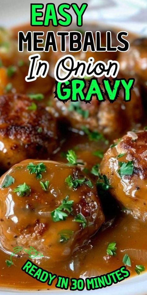 Meatballs And Gravy Over Noodles, Meatballs And Brown Gravy Easy, Meatball Gravy Recipe, Meatballs In Gravy, Brown Onion Gravy, Meatball Dish, Meatballs With Mushroom Gravy, Camp Food Ideas, Pumpkin Roll Recipe