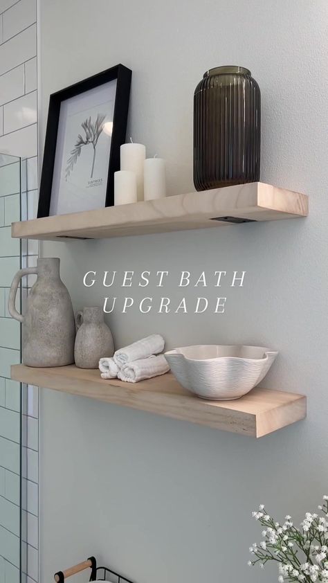 Organic Modern Bathroom Shelf Decor, Small Bathroom Apartment Decoration, Small Spa Bathroom Ideas Modern, No Counter Bathroom Ideas, Restroom Floating Shelves Ideas, Bathroom Shelves Over Toilet Styling, Small Bar Bathroom Ideas, Modern Bathroom Shelf Decor, Western Modern Bathroom Decor