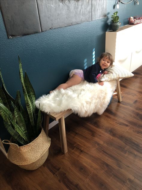 Loving this sheepskin rug with my IKEA bench. Makes it an extra cozy spot for reading and putting our shoes on. Sheepskin On Bench, Ikea Sheepskin Rug, White Fur Rug, Ikea Bench, Oak Bench, Cozy Spot, Fur Rug, Sheepskin Rug, Entryway Bench